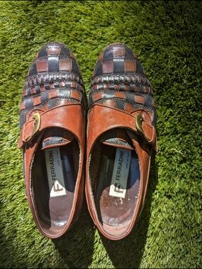 Vintage Ferradini Womens Woven Black Brown Italian Leather Loafers Academia 39.5